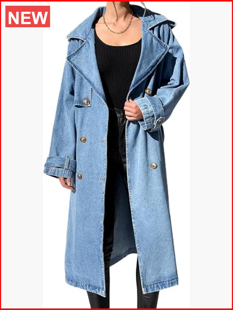 Oversized Double Breasted Denim Jacket Maxi Jean Coat Classic Lapel